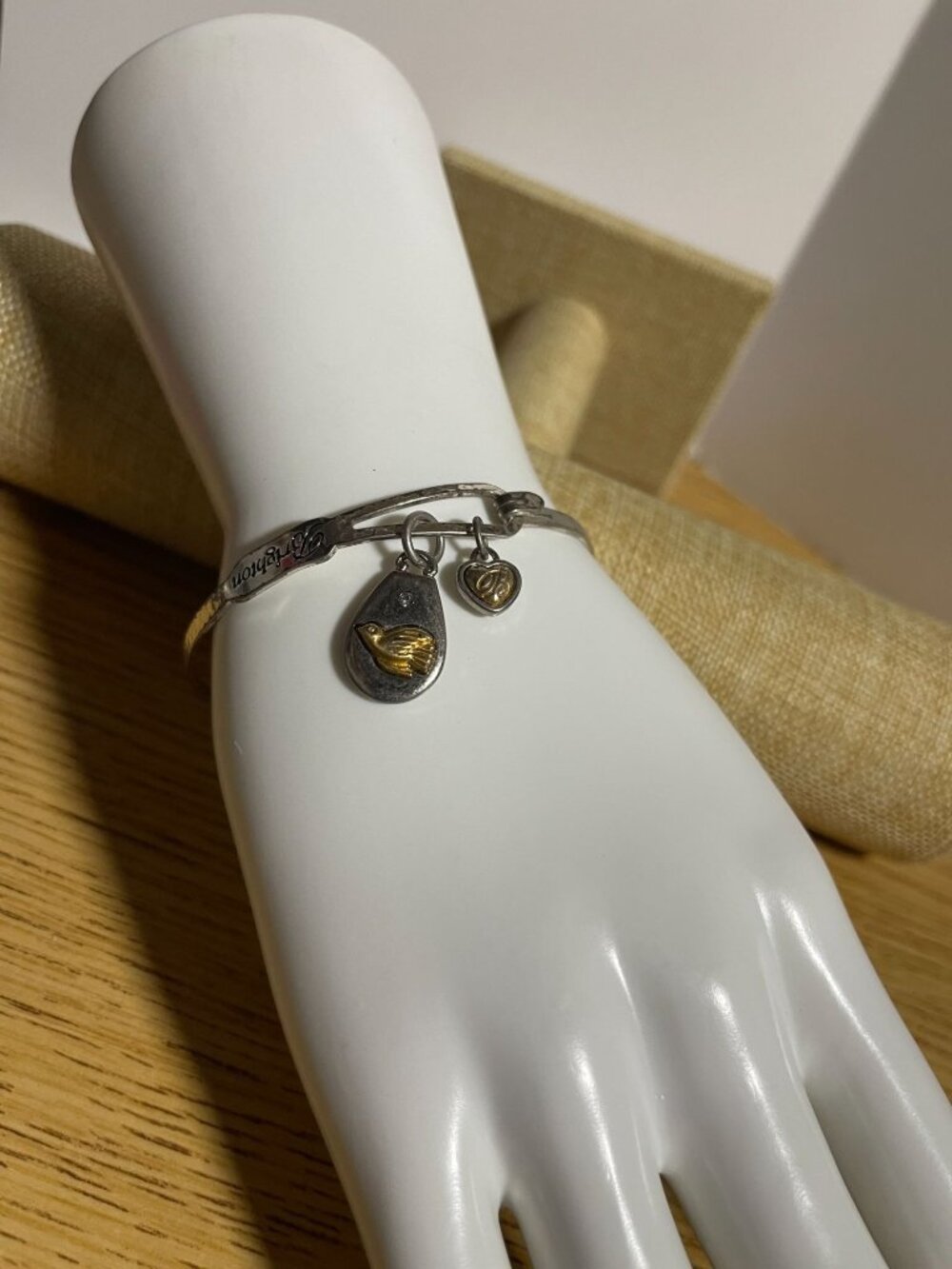 Brighton Silver Bracelet Peace On Earth Charms Hammered Bangle Heart Drop Design
